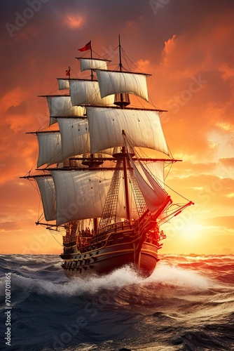 Small sailing ship in the open sea at sunset. Majestic Dawn