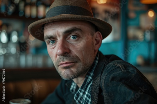 Close-up studio portrait of a man with a retro, beatnik style, isolated on a vintage café background