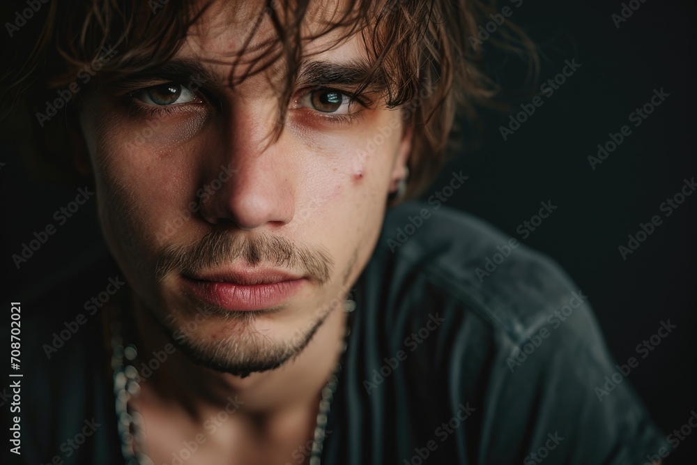 Close-up studio portrait of a man with an edgy, rock musician vibe, isolated on a dark background Close-up studio portrait of a man with an edgy, rock musician vibe, isolated on a dark background