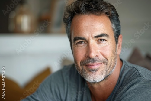Close-up studio portrait of a man with a warm, approachable fatherly look, isolated on a family home background
