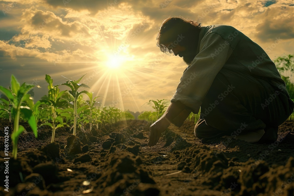 Fototapeta premium Jesus as a celestial farmer Sowing seeds of faith