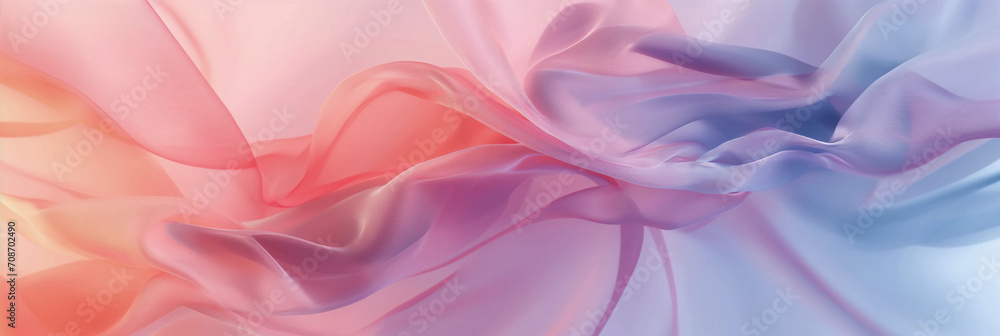 Abstract banner background made of a thin delicate silk-style fabric forming wave shapes in bright pink, peach and light blue colors. Abstract banner background made of a thin delicate silk-style fabric forming wave shapes in bright pink, peach and light blue colors.