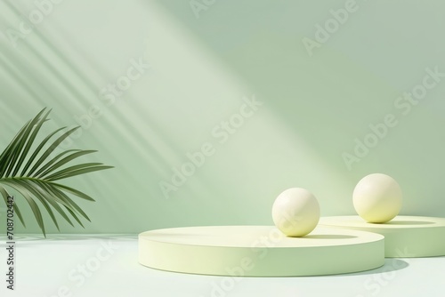 Scene with podium for product presentation  figures of different geometric shapes on light green background