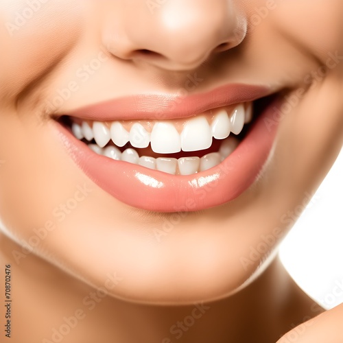 cinematic still a close up photo of the lower part of a female face. beautiful cute smile with very clean perfect teeth. chin, nose and mouth visible. dental service advertisement. white background .