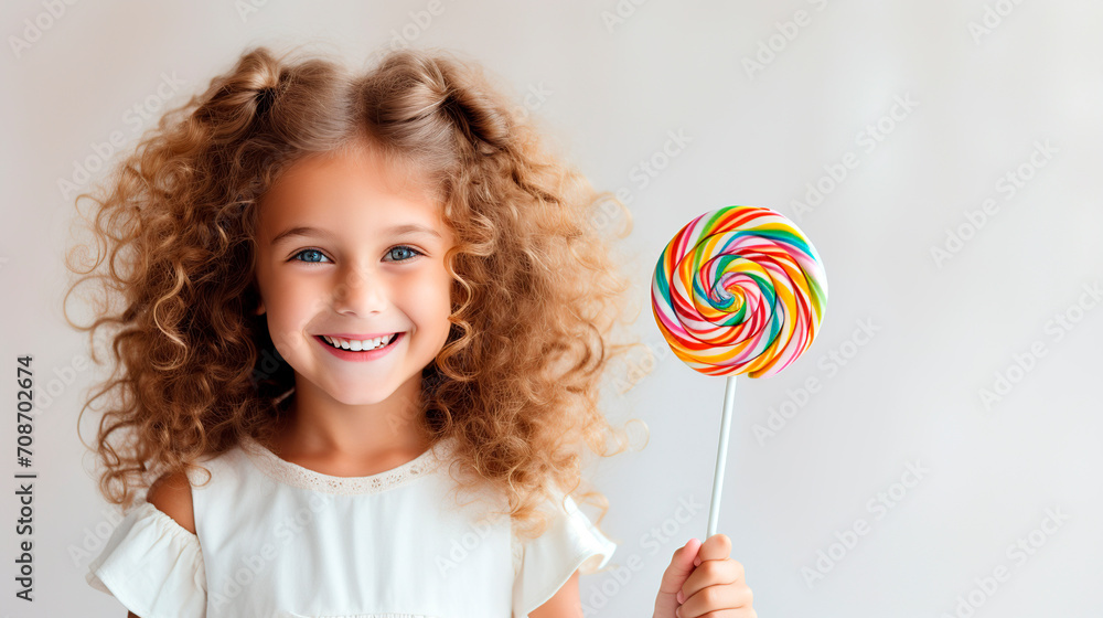 Cute little girl with curly hair holding lollipop on white background