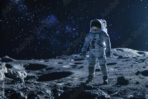 Model in a retro astronaut suit exploring a lunar landscape