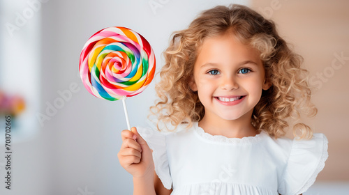 adorable little girl holding colorful lollipop and smiling at camera photo