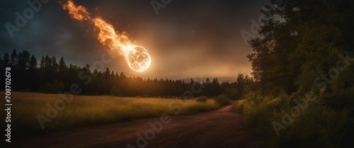 Burning meteorite or asteroid rapidly crossing the dark sky, with a trail of fire, forest landscape. #708702678
