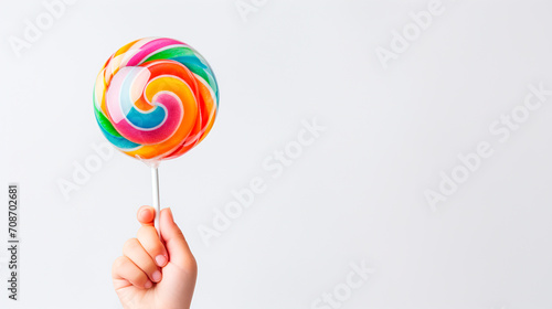 Colorful lollipop in the hand of a child on a white background