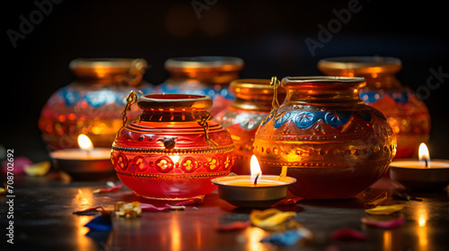 portrayal of traditional Indian oil lamps for the Diwali festival. Generative AI