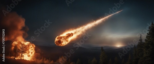 Burning meteorite or asteroid rapidly crossing the dark sky, with a trail of fire, forest landscape. #708702843