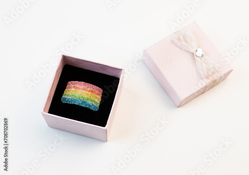 marmalade rainbow in engagement pink box isolated on white background