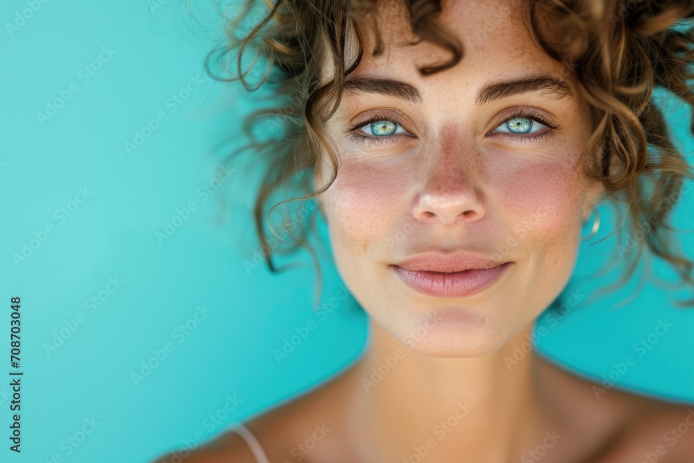 Close-up studio portrait of a woman with a sun-kissed, beachy look, isolated on a turquoise background Close-up studio portrait of a woman with a sun-kissed, beachy look, isolated on a turquoise background