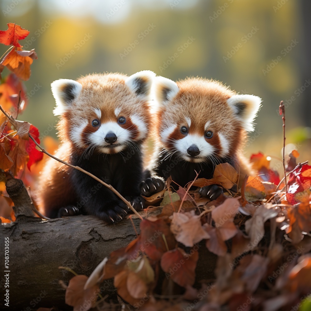 Two red pandas sitting on a tree branch in the fall Two red pandas sitting on a tree branch in the fall