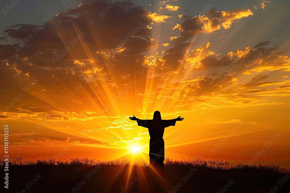 Jesus' silhouette against a vibrant Heavenly sunrise