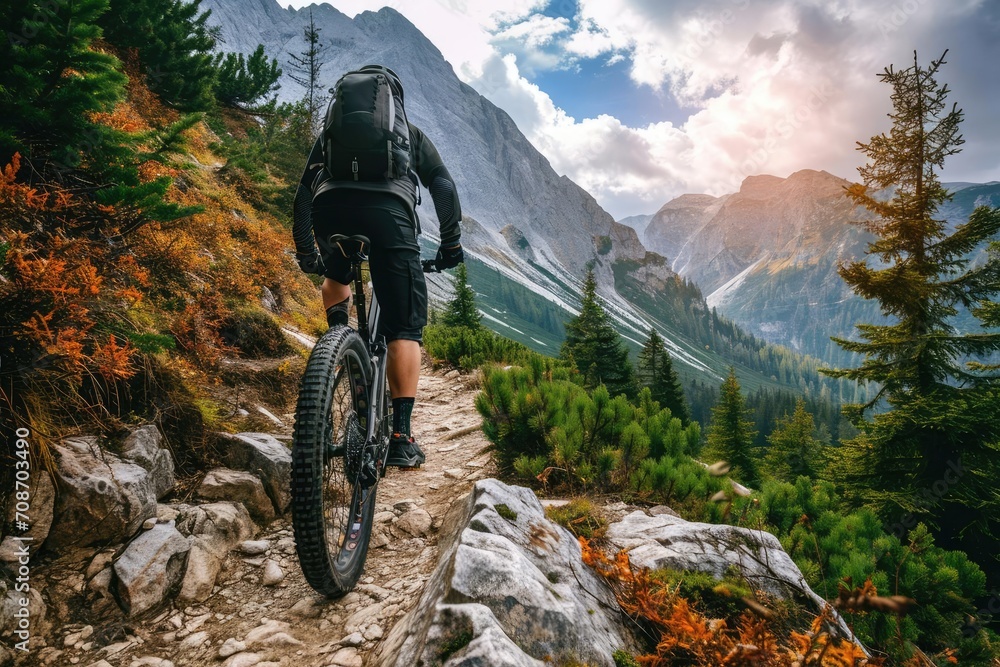 Fototapeta premium Mountain biker exploring rugged trails Illustrating adventure and outdoor enthusiasm