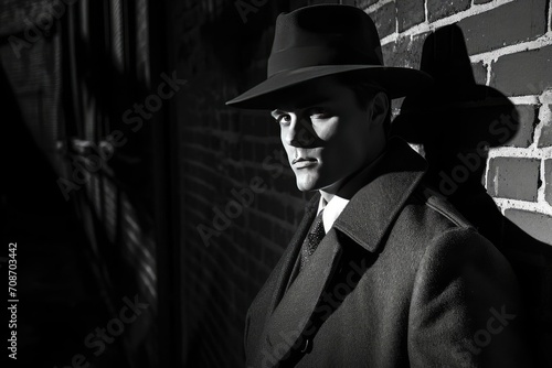 Model posing as a classic detective in a film noir setting photo