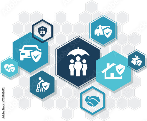 Insurance coverage vector illustration. Blue concept with icons related to safety & protection, security, insured risks & liability.