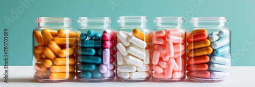 different medicine pills and capsules on color background