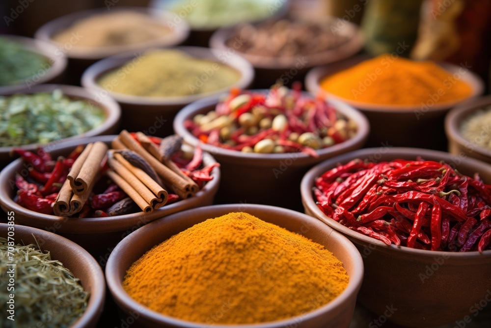 assorted herbs and spices in a traditional market