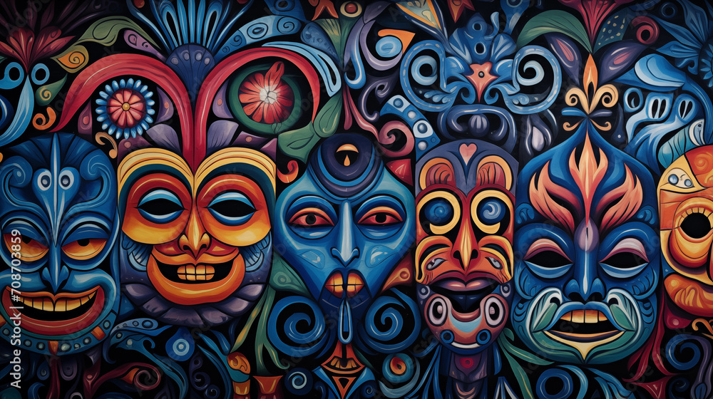 Pintura con máscaras sobre un fondo oscuro, al estilo del simbolismo tropical, máscaras y tótems,  tipo caricatura, carnaval, elementos culturalmente diversos