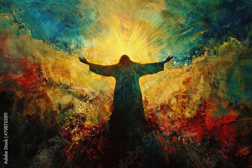 Visionary art of jesus as the light of salvation Shining over a darkened world Bringing hope and redemption photo