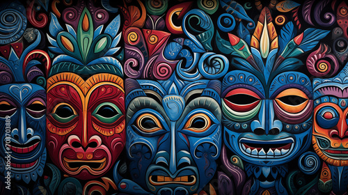 Pintura con máscaras sobre un fondo oscuro, al estilo del simbolismo tropical, máscaras y tótems, tipo caricatura, carnaval, elementos culturalmente diversos