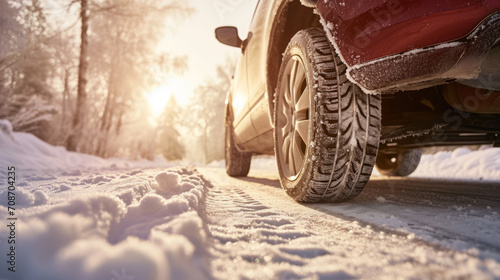 Car on snow road. Closeup of winter tires on snowy highway road