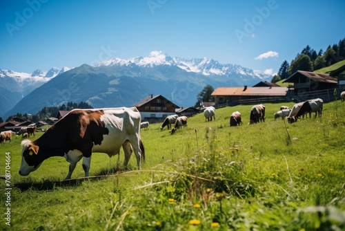 Herd of cows at summer green field in the mountains