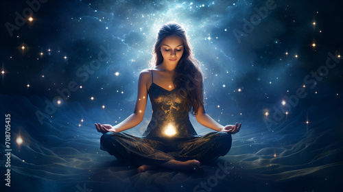 A serene woman in lotus position meditates, her form blending with a cosmic nebula backdrop, illustrating a deep connection with the universe and inner self