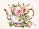 Watercolor illustration of teapot with rose  flowers and leaves on white background