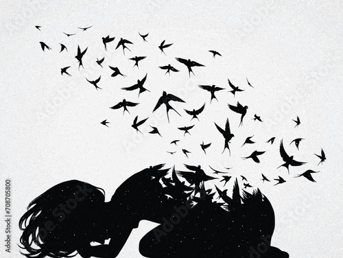 Lonely lying woman. Depressed girl. Death and afterlife. Flying birds