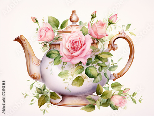 Watercolor illustration of teapot with rose  flowers and leaves on white background