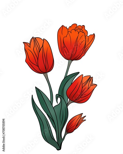 Illustration of watercolor hand drawn set of colorful red tulips bouquet isol...