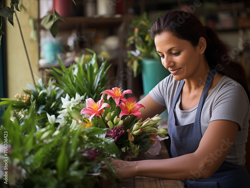 Cheerful Female Entrepreneur Holding a Bouquet of Flowers in Her Small Business Store