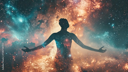 Naked woman with hands in the air against the backdrop of the universe © Олег Фадеев