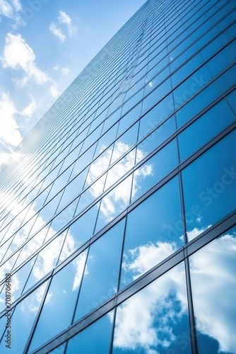 Blue glass skyscraper reflecting the sky