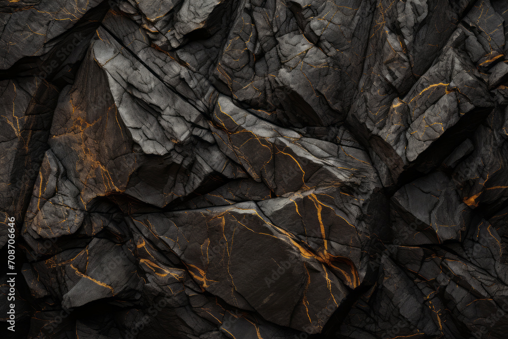 Charred wood or stone bark black and gold texture. Stacked wall with golden accents. Mineral Copper Background Created Charred wood or stone bark black and gold texture. Stacked wall with golden accents. Mineral Copper Background Created