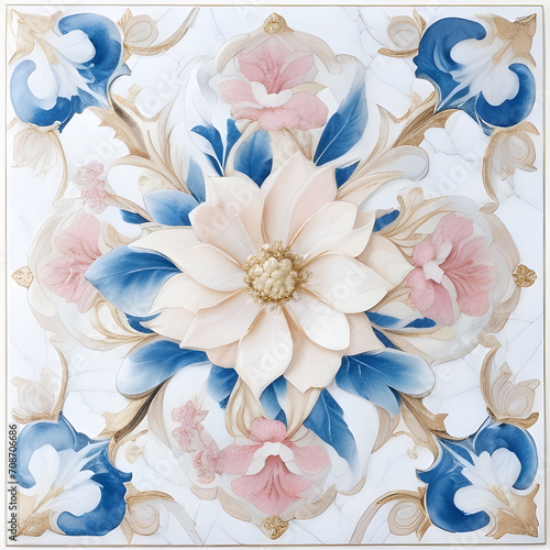 Opulent Baroque Floral Tile - Elegant Symmetrical Blossom Pattern with Gold Accents for Luxury Interior Design photo