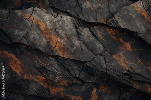 Charred wood or stone bark black and gold texture. Stacked wall with golden accents. Mineral Copper Background Created