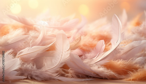 Bird feathers on a table  light pink and light orange background banner. A blend of pastel peach and coral feathers with gradient effect on a light airy canvas.