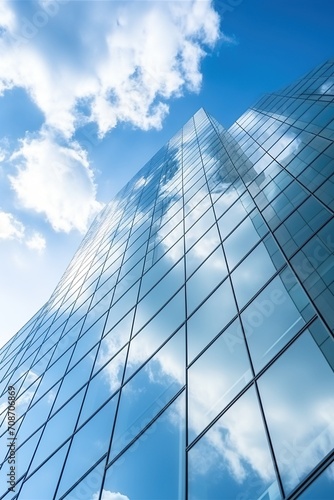 Blue glass skyscraper reflecting clouds