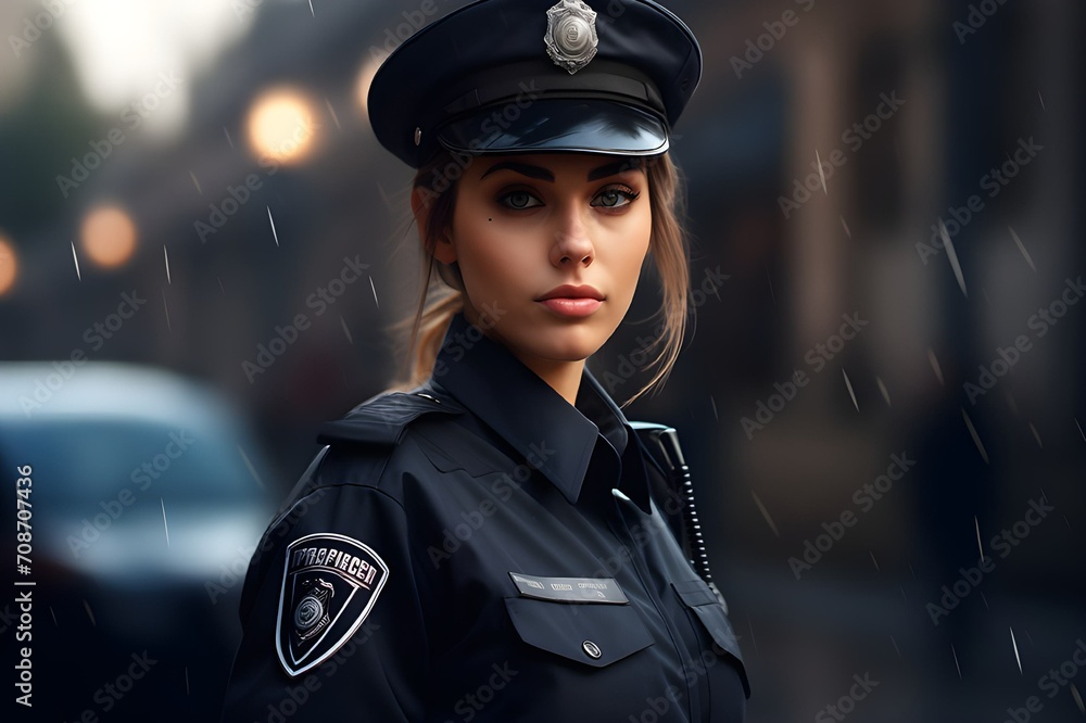 Portrait of female police officer in the rain with city street on the background Portrait of female police officer in the rain with city street on the background