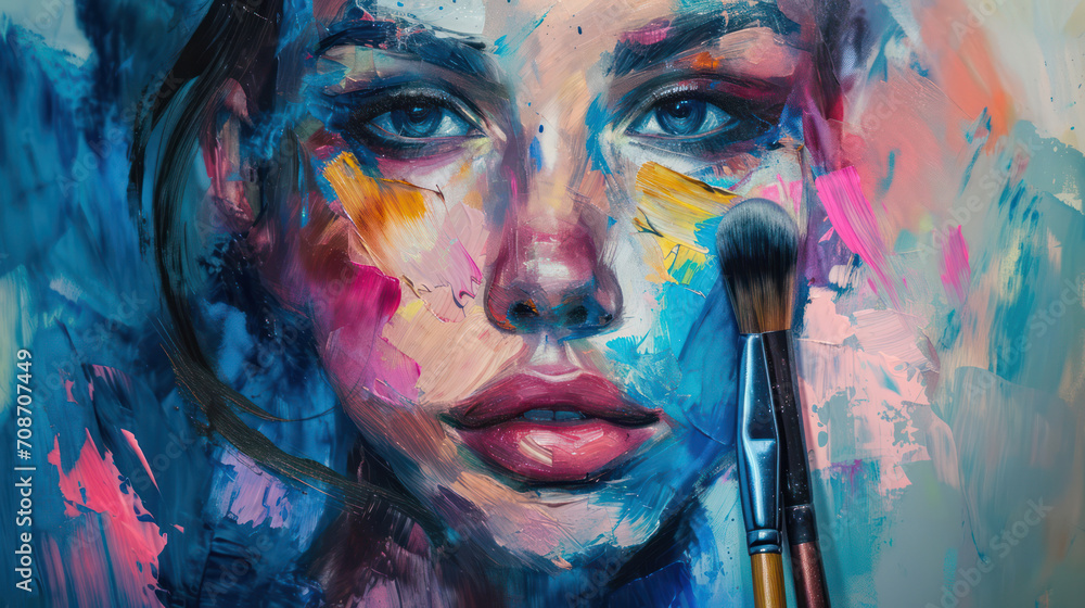 Colorful Watercolor Portrait of a Glamorous Lady with Abstract Cosmetics Art