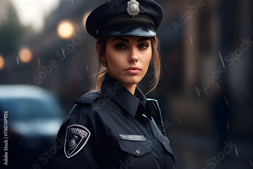 Portrait of female police officer in the rain with city street on the background © Lion