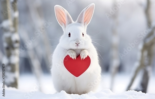 Cute bunny holds a white blank sign in its paws on white blurred winter snow with red hearts nature background