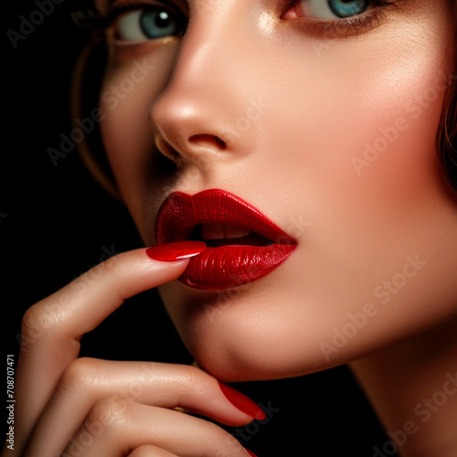 portrait beautiful woman model touches her lip with her finger