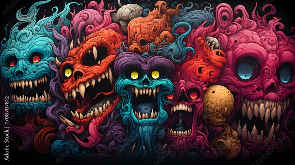 psychedelic dark halloween monsters skulls - obrazy, fototapety, plakaty 