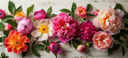 Colorful peonies arrangement on rustic backdrop. Floral design and decoration.