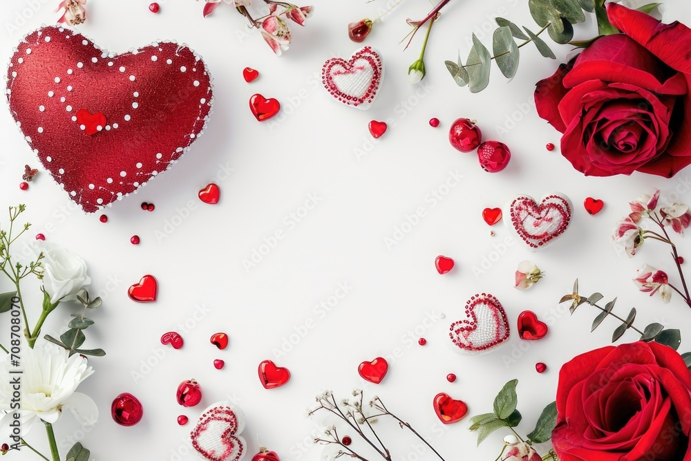 Valentine's day background with red roses, hearts and flowers. AI generated
